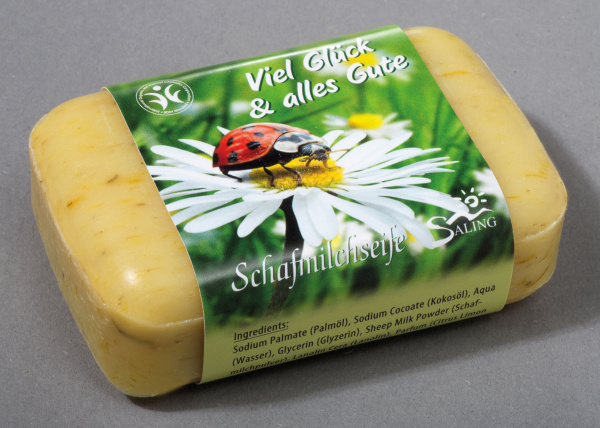 saling-schafmilchseife-viel-glueck-alles-gute 100g mit hochwertiger Schafmilch hergestellt in Deutschland unter Verwendung von Fetten und Ölen aus kontrolliert biologischen Anbau