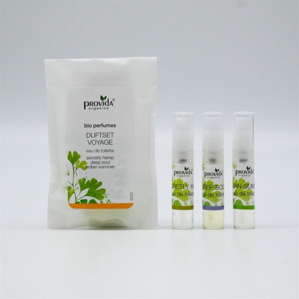 Provida Duftset „Voyage“ – 3 x 2 ml Bio Eau de Toilette: Indian Summer, Secretly Hemp & Deep Soul – vegane Naturparfums in Probiergröße