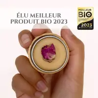 Hand hält geöffnete Dose des festen Parfüms Ko mit echter Rosenblüte – Bio-Produkt 2023