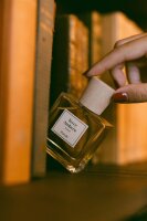 Detailaufnahme des Parfümflakons Terre Ambrée, der von einer Hand gehalten wird, umgeben von unscharfen Buchrücken.