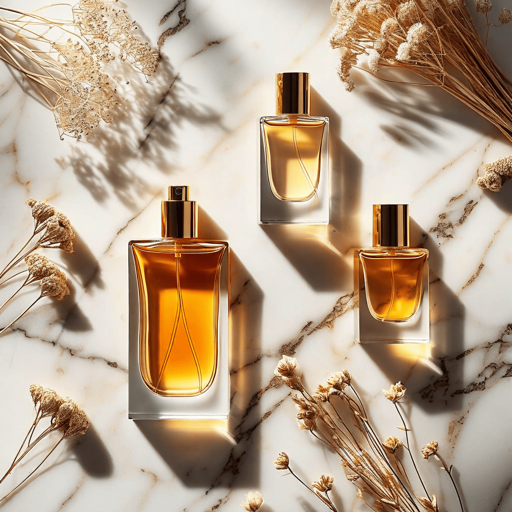 Drei parfüm Flakons auf einer Marmorplatte umringt von Trockenblumen.